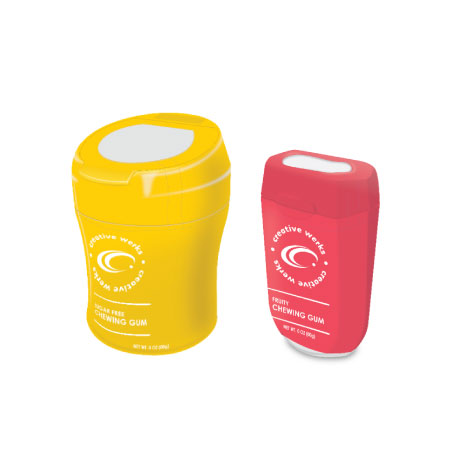 A rendering of two small gum containers one in yellow and one in red A rendering of two small gum containers one in yellow and one in red