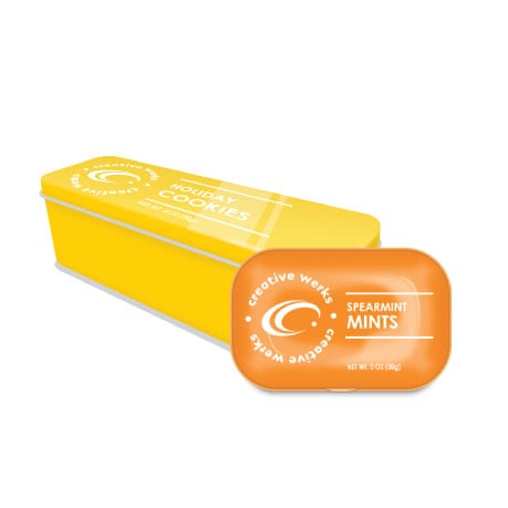 Metal tins for gum and cookies packed at creative werks